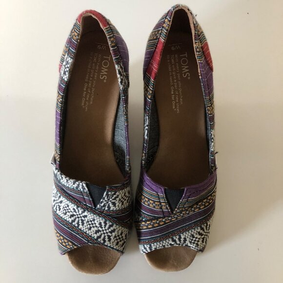 Toms Open Toe Canvas Shoes Womens Size 9W Cork Heel Hippie Boho Colorful Wedge - Picture 4 of 8
